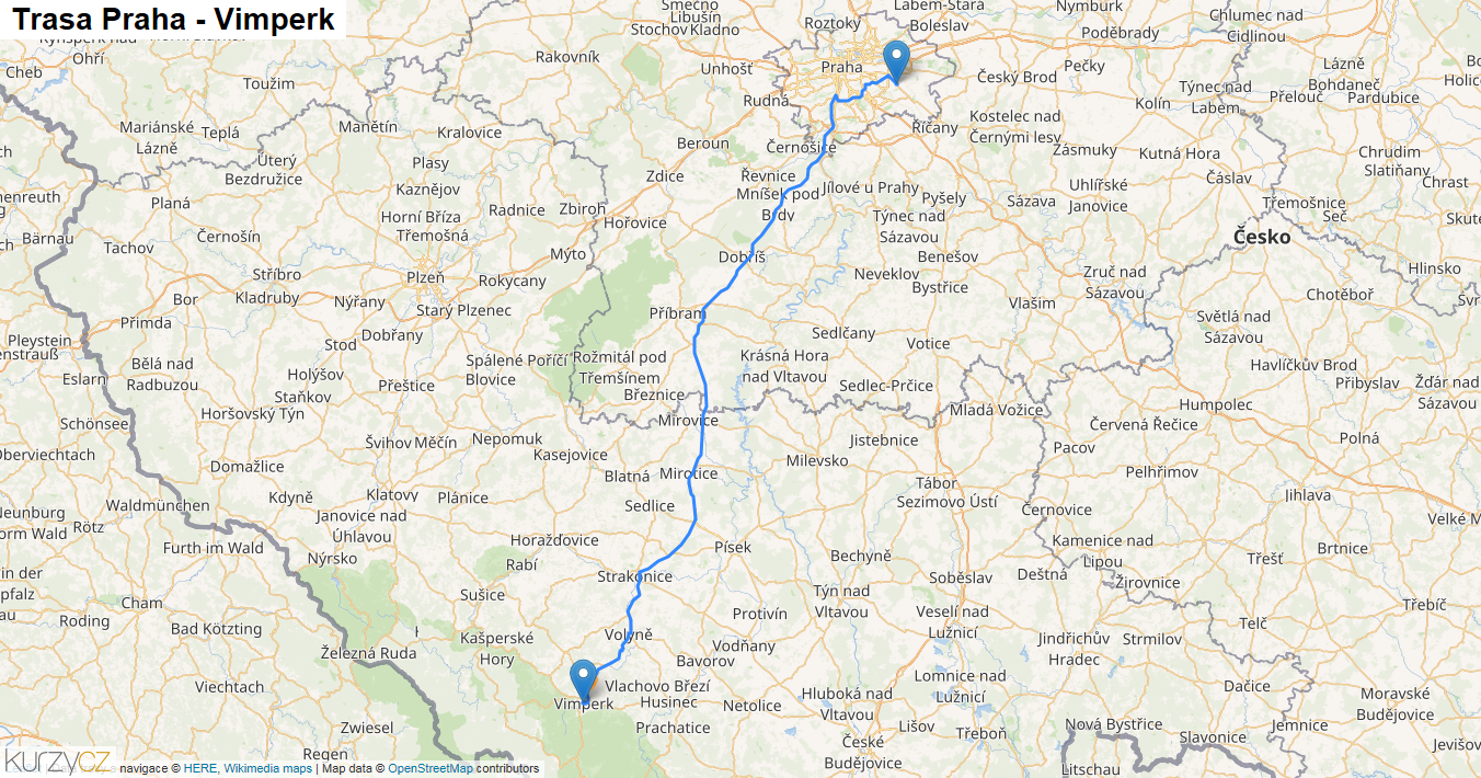 Praha-Vimperk, mapa trasy