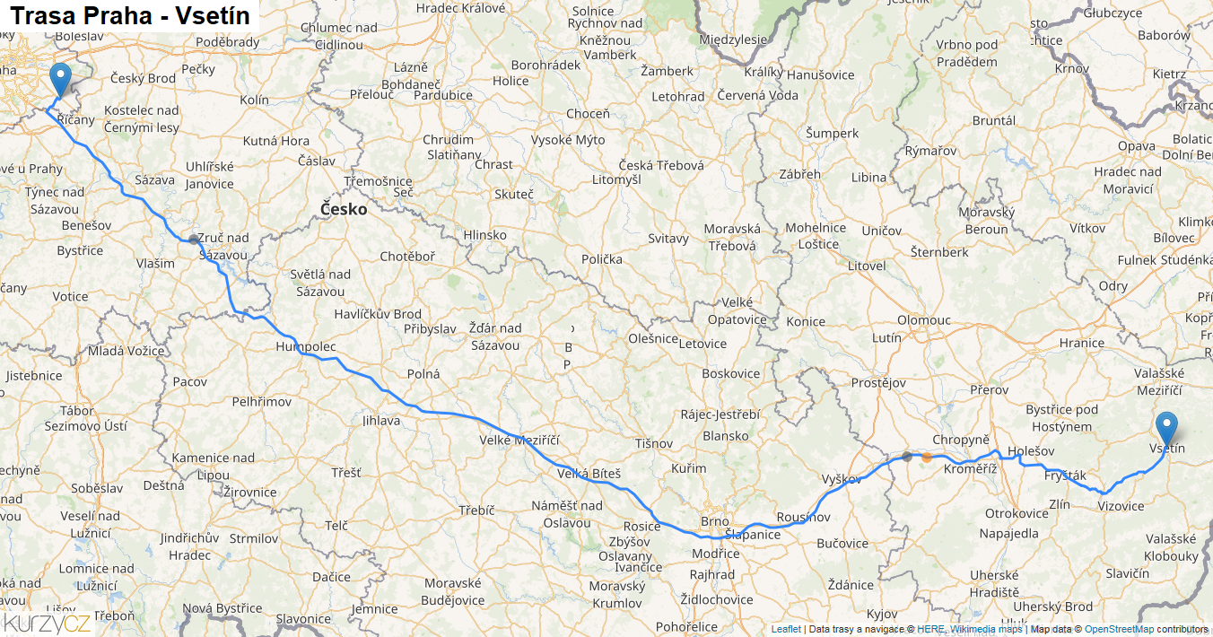 Praha-Vsetín, mapa trasy