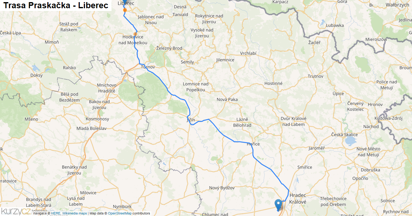 Praskačka-Liberec, mapa trasy