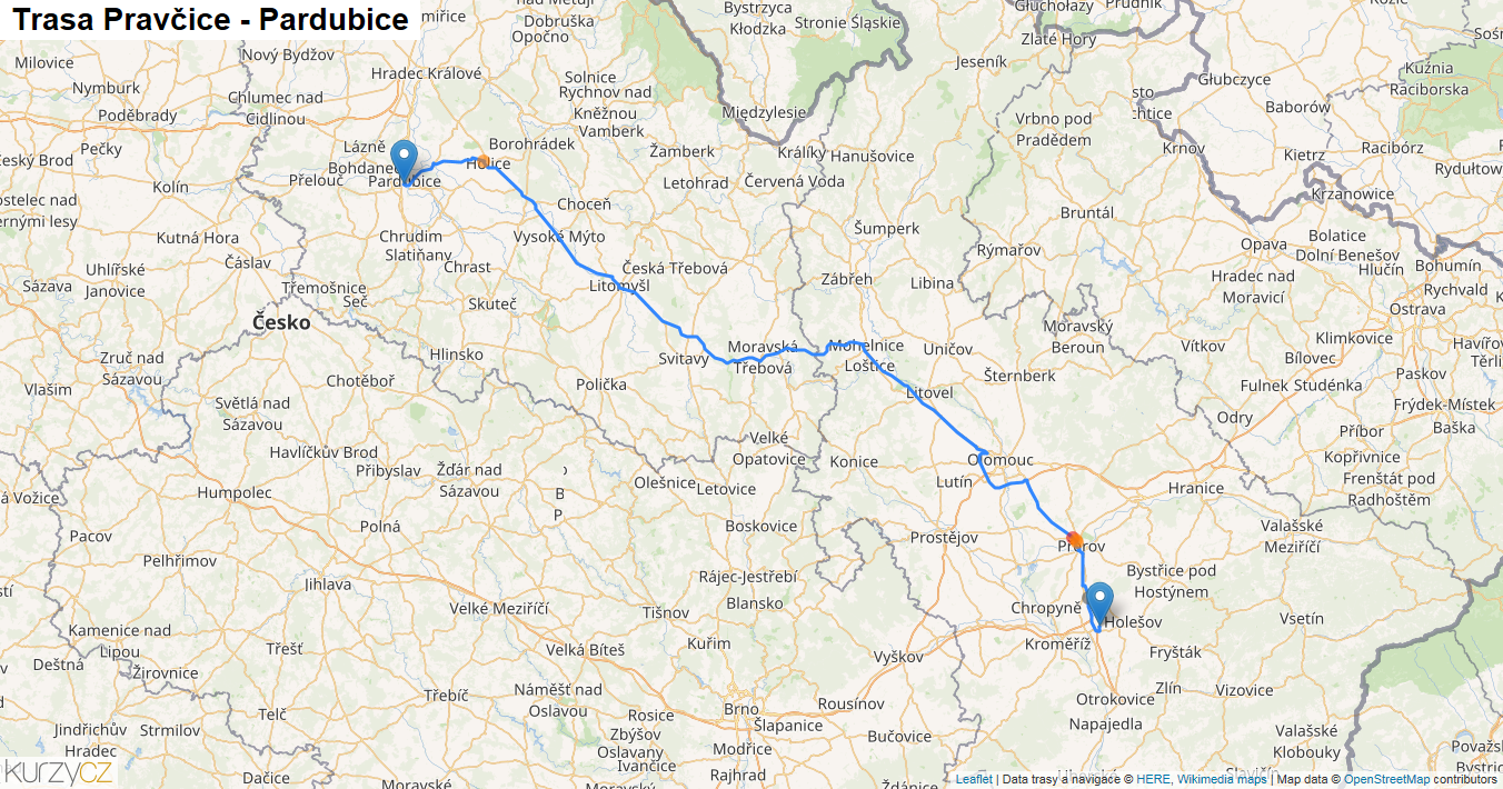 Pravčice-Pardubice, mapa trasy