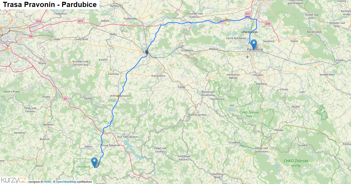 Pravonín-Pardubice, mapa trasy