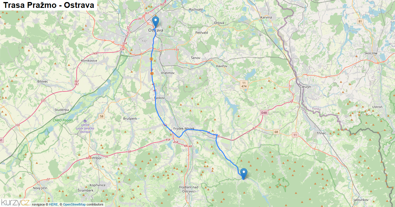 Pražmo-Ostrava, mapa trasy