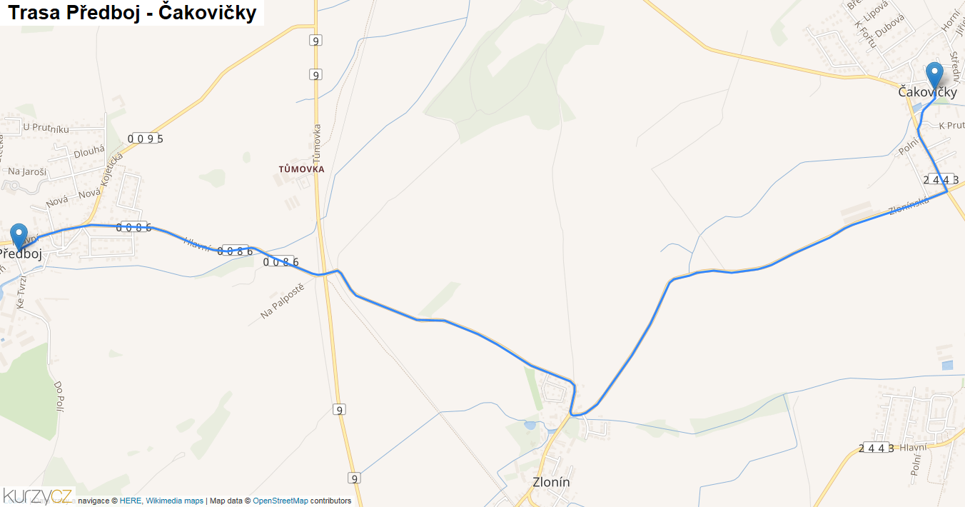 Předboj-Čakovičky, mapa trasy
