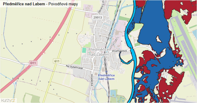 Předměřice nad Labem - záplavové mapy stoleté vody