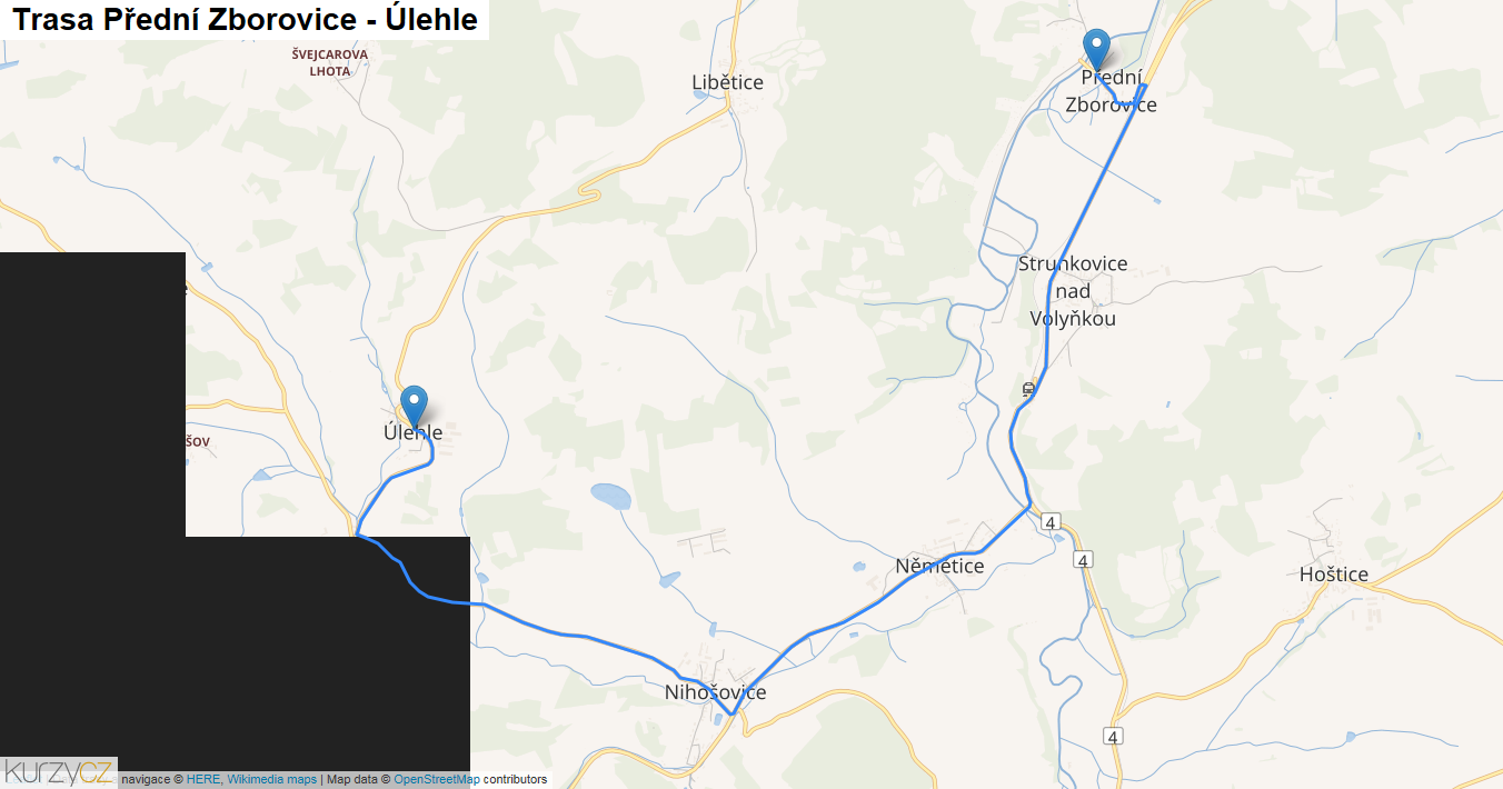 Přední Zborovice-Úlehle, mapa trasy