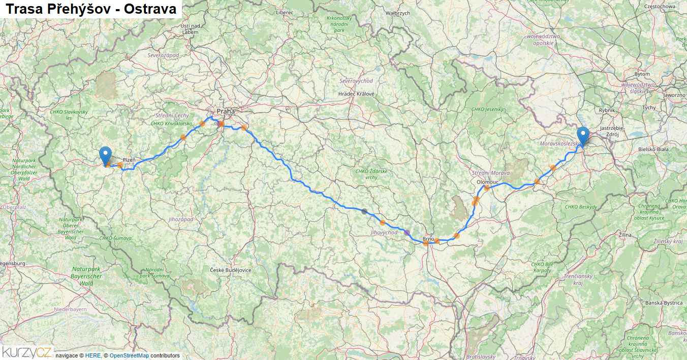Přehýšov-Ostrava, mapa trasy