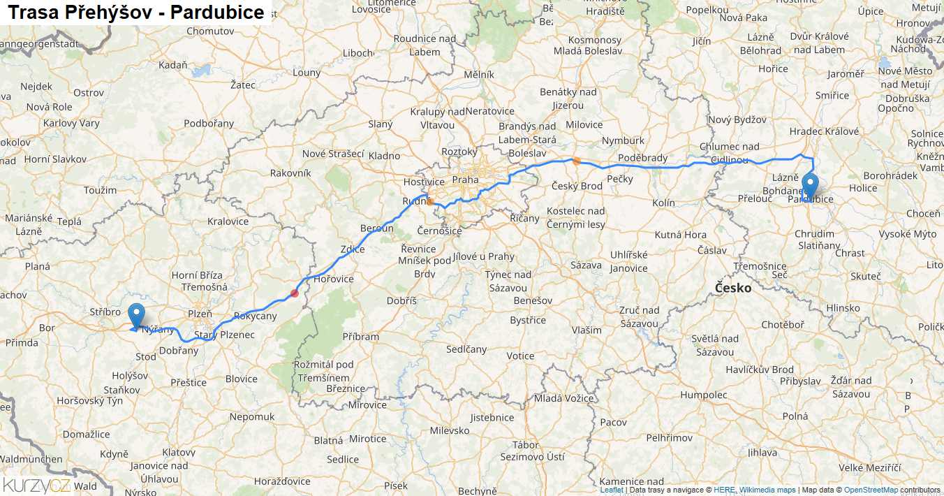 Přehýšov-Pardubice, mapa trasy