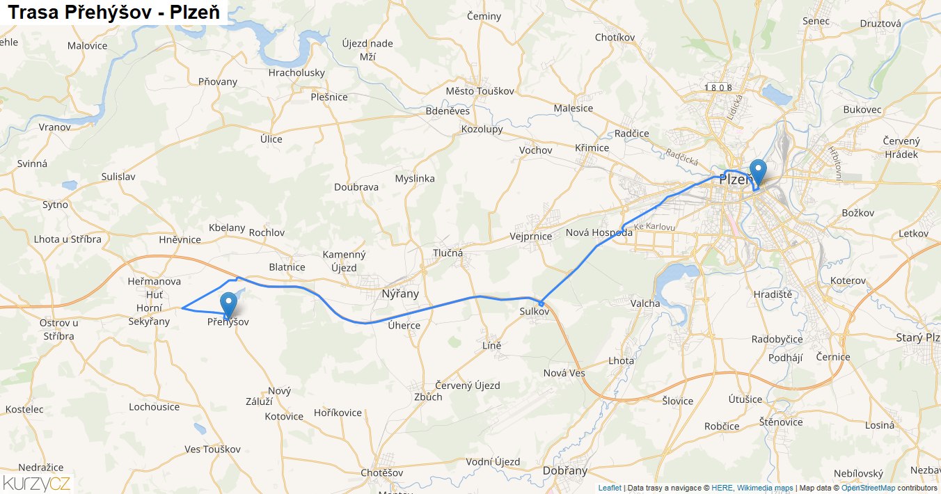 Přehýšov-Plzeň, mapa trasy