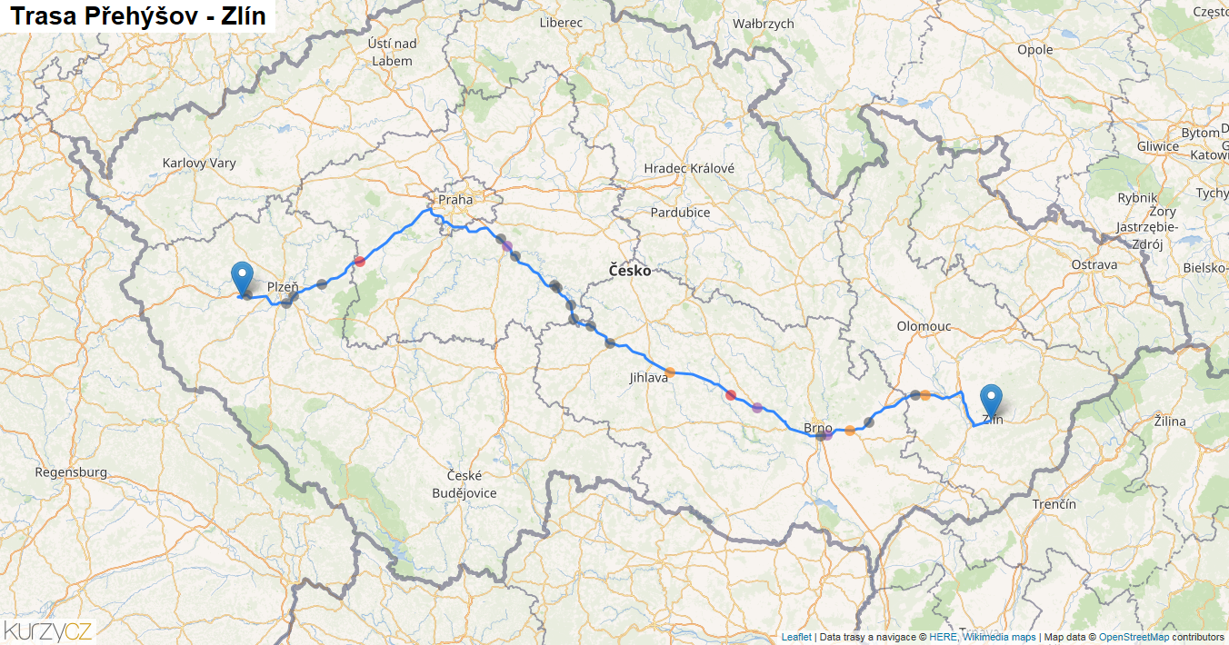 Přehýšov-Zlín, mapa trasy