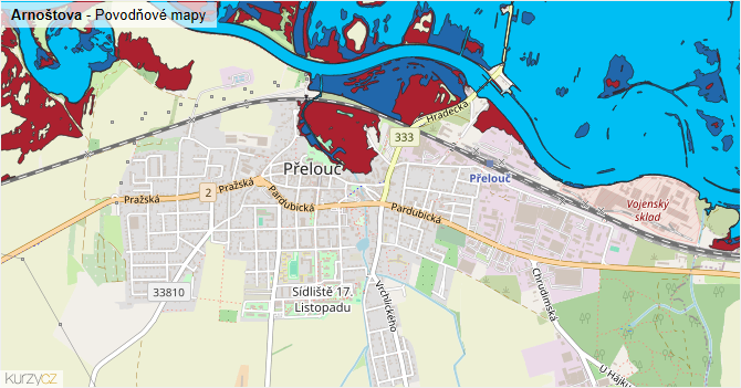 Arnoštova - záplavové mapy stoleté vody