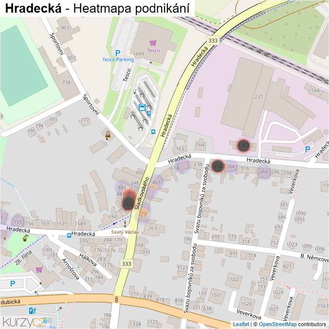 Mapa Hradecká - Firmy v ulici.