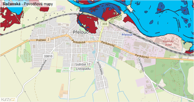 Račanská - záplavové mapy stoleté vody