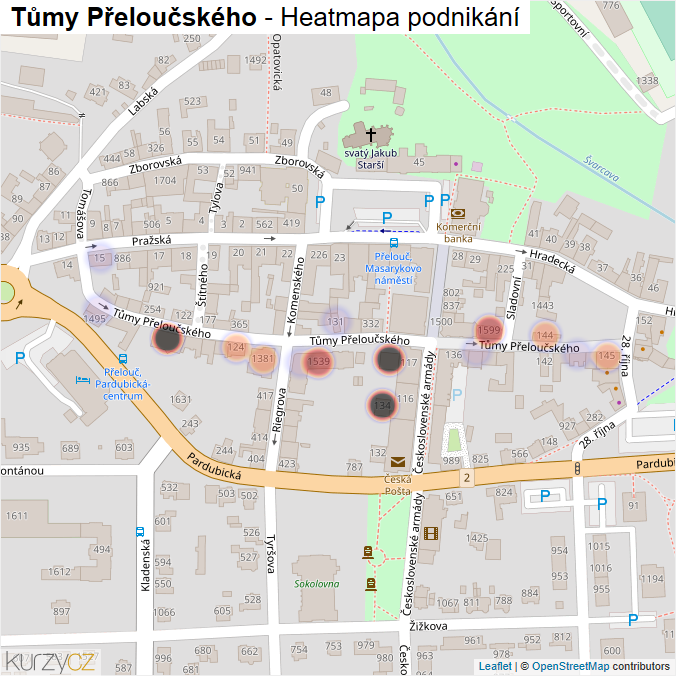 Mapa Tůmy Přeloučského - Firmy v ulici.