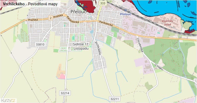 Vrchlického - záplavové mapy stoleté vody