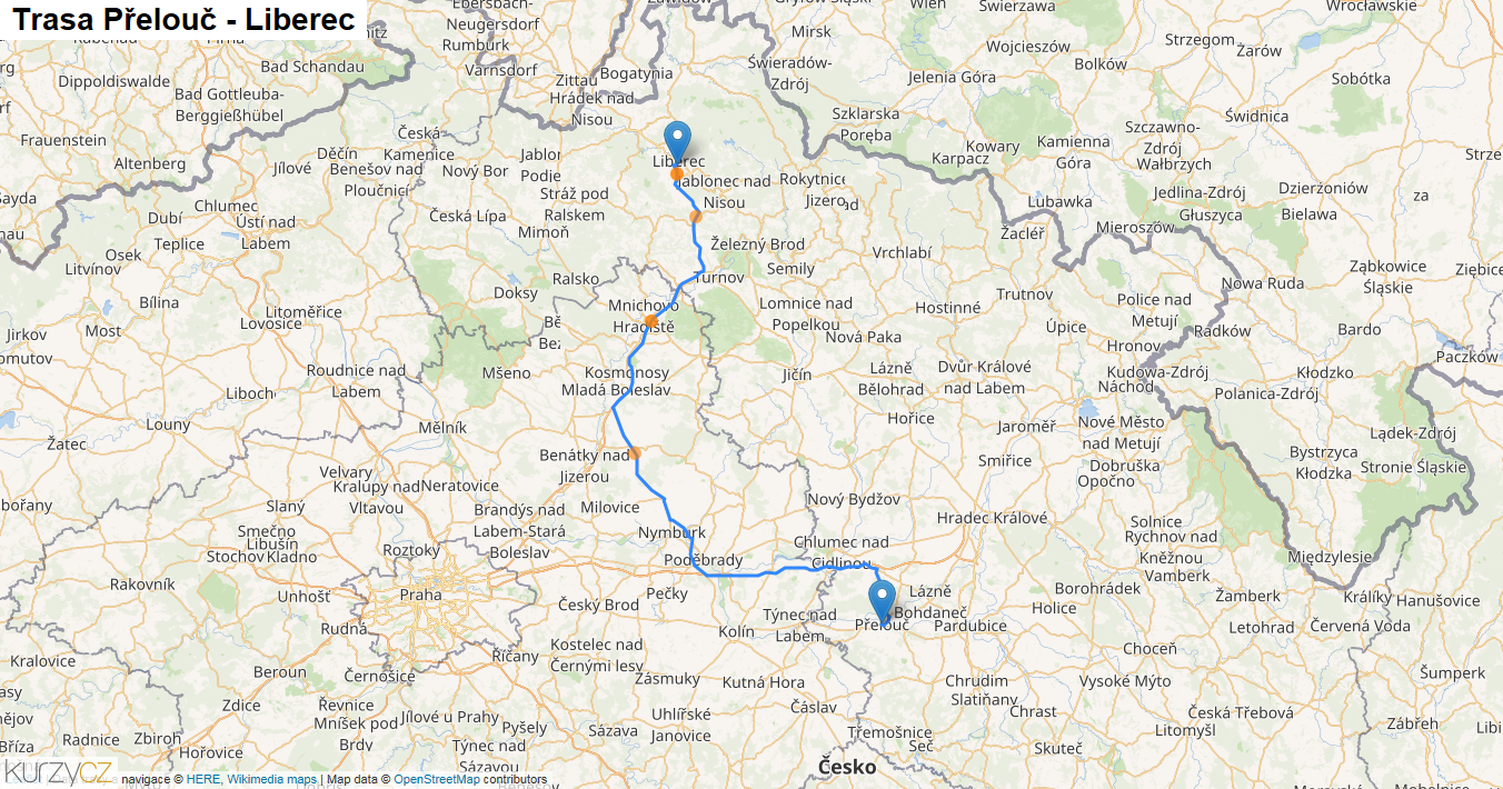 Přelouč-Liberec, mapa trasy