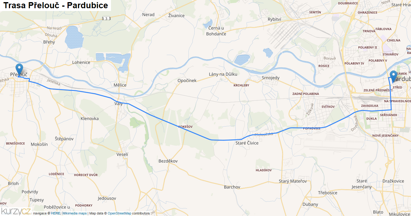 Přelouč-Pardubice, mapa trasy