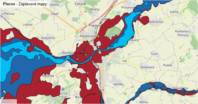 Přerov - záplavové mapy stoleté vody
