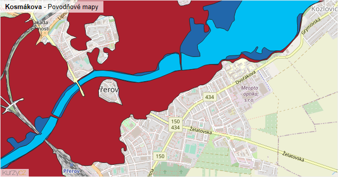 Kosmákova - záplavové mapy stoleté vody