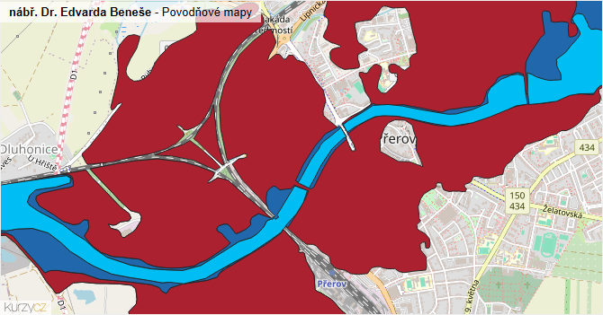 nábř. Dr. Edvarda Beneše - záplavové mapy stoleté vody