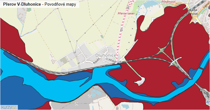 Přerov V-Dluhonice - záplavové mapy stoleté vody