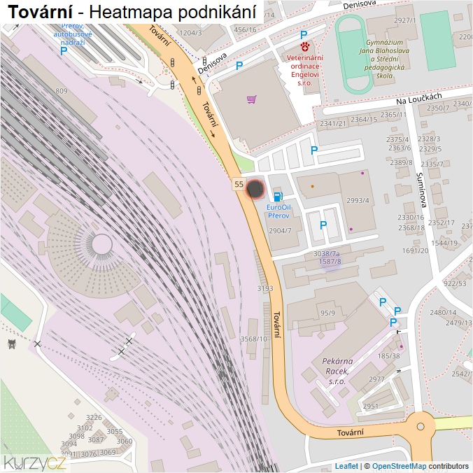 Mapa Tovární - Firmy v ulici.