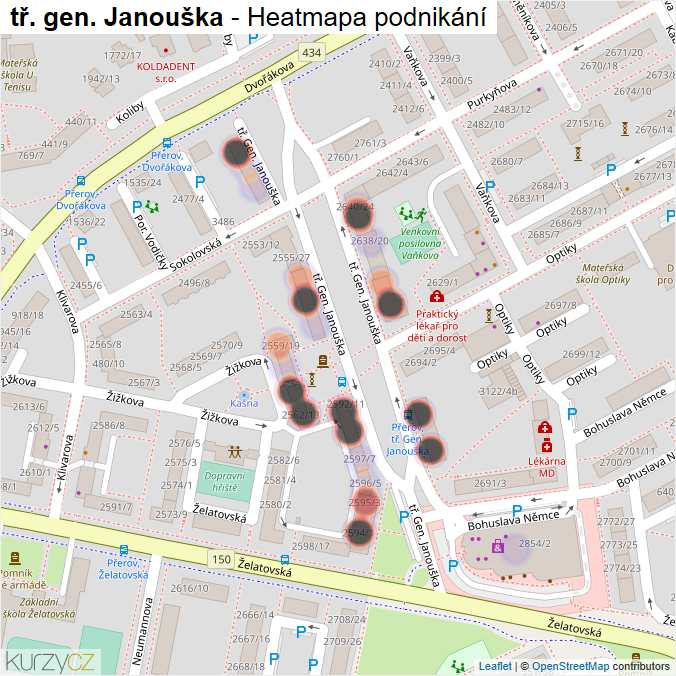 Mapa tř. gen. Janouška - Firmy v ulici.