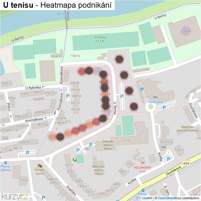 Mapa U tenisu - Firmy v ulici.