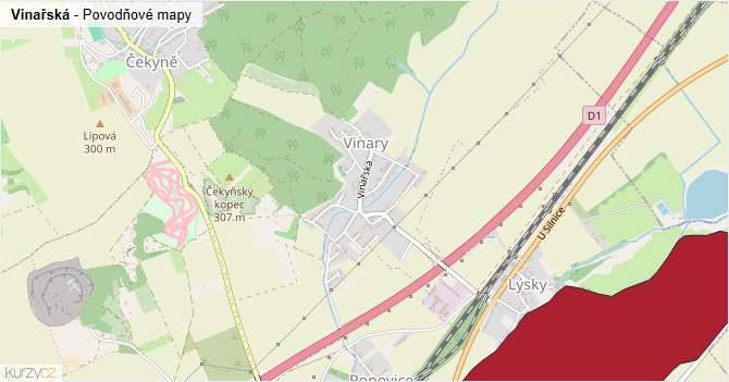 Vinařská - záplavové mapy stoleté vody