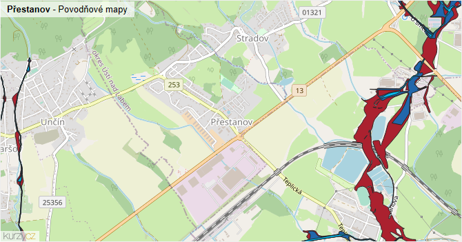 Přestanov - záplavové mapy stoleté vody