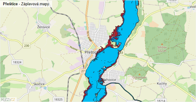 Přeštice - záplavové mapy stoleté vody