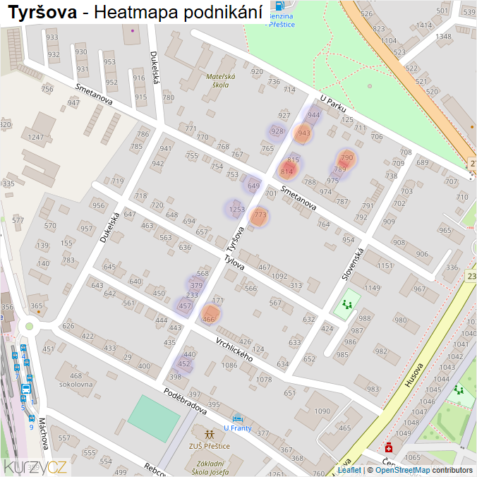 Mapa Tyršova - Firmy v ulici.