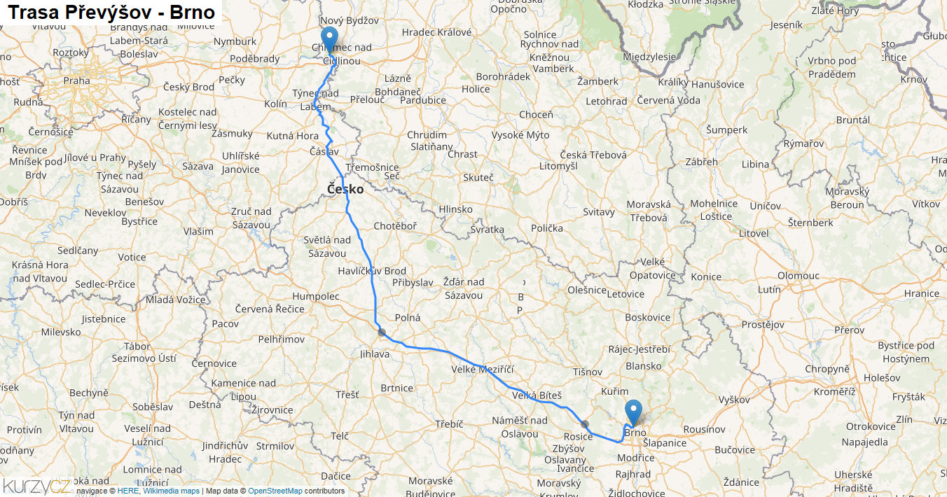 Převýšov-Brno, mapa trasy