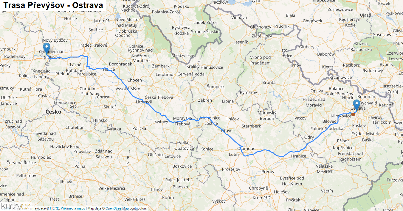 Převýšov-Ostrava, mapa trasy