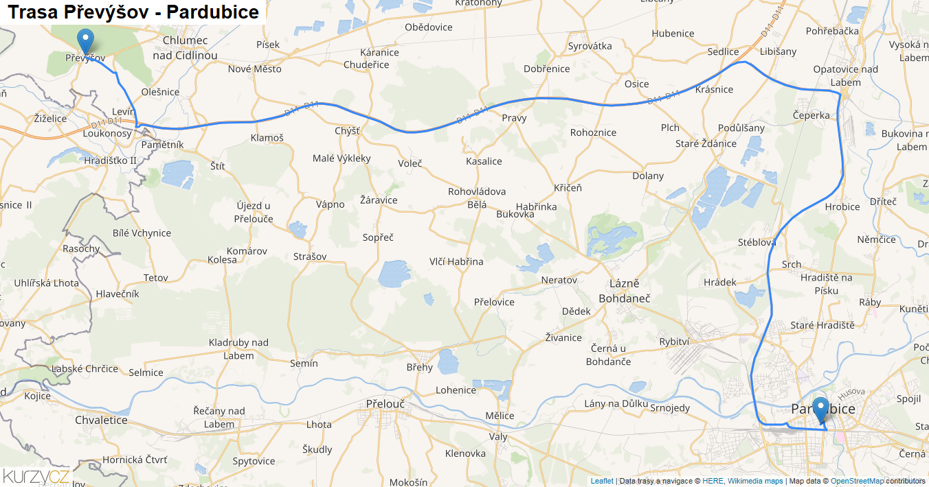 Převýšov-Pardubice, mapa trasy