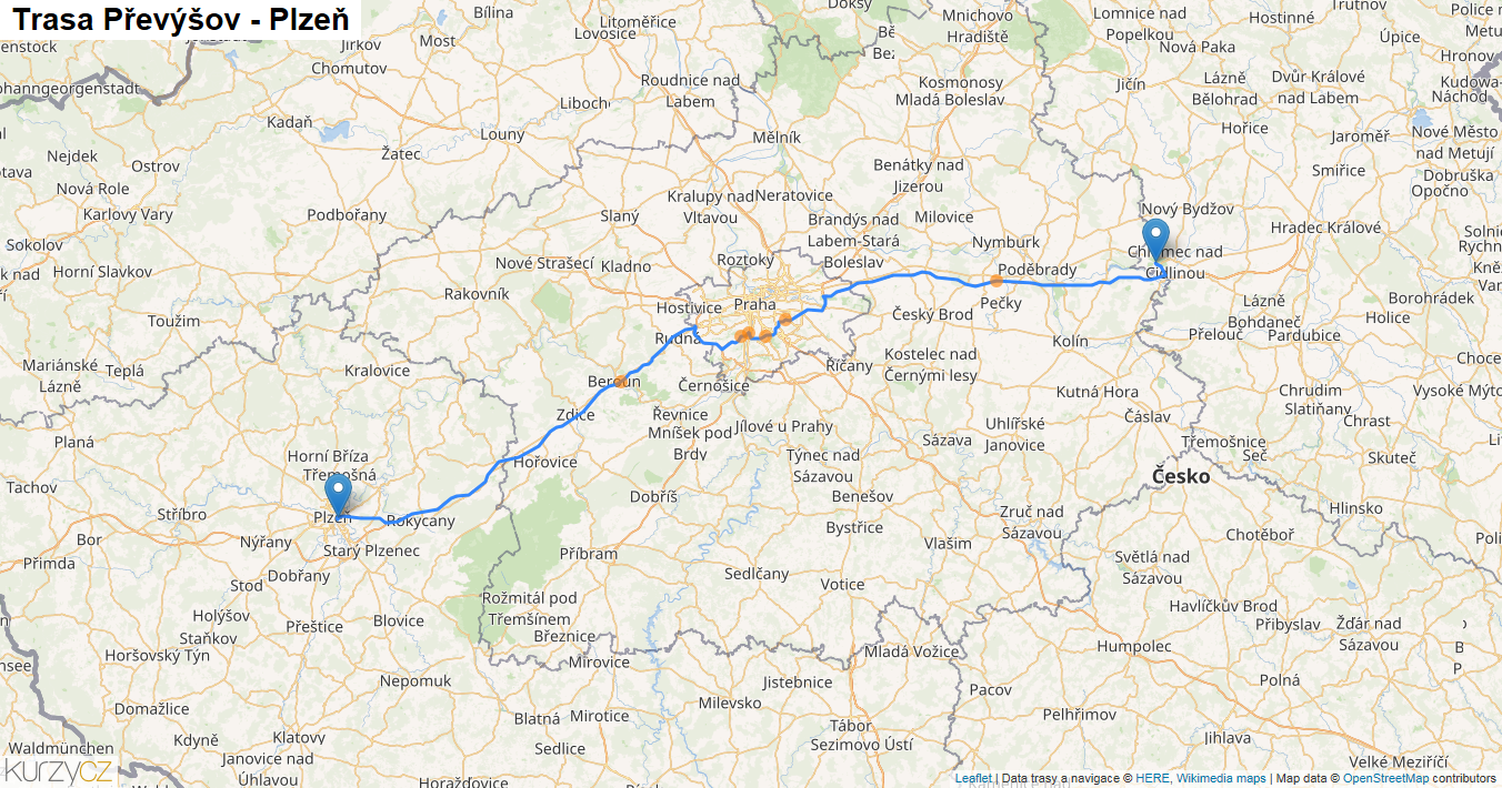 Převýšov-Plzeň, mapa trasy