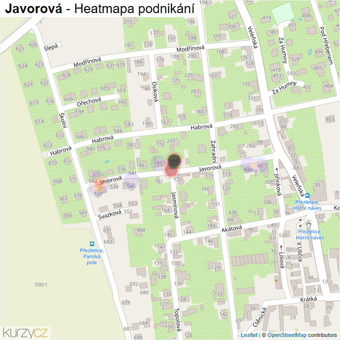 Mapa Javorová - Firmy v ulici.