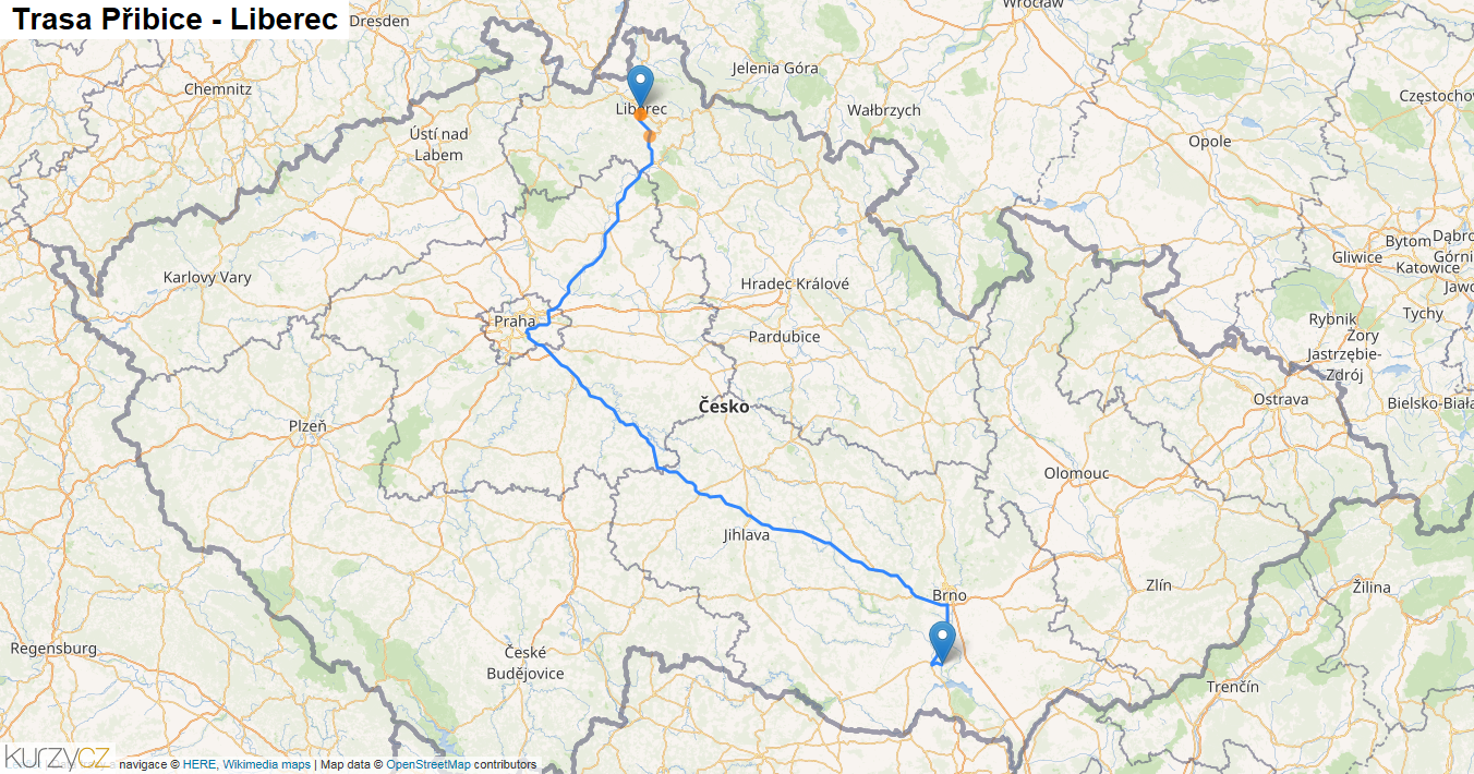Přibice-Liberec, mapa trasy