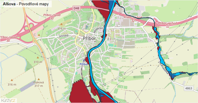 Alšova - záplavové mapy stoleté vody