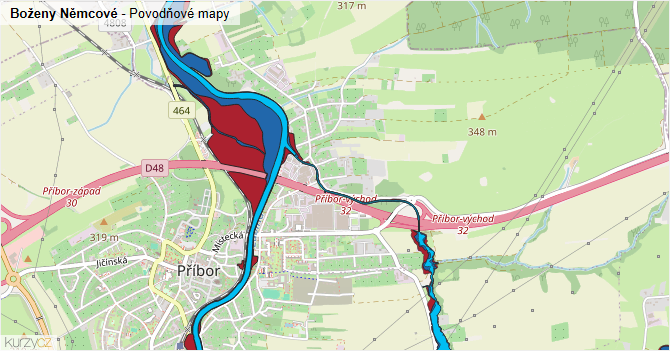 Boženy Němcové - záplavové mapy stoleté vody