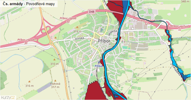 Čs. armády - záplavové mapy stoleté vody