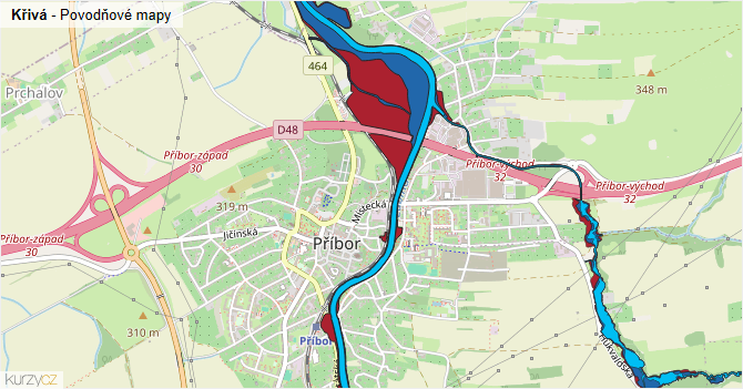 Křivá - záplavové mapy stoleté vody