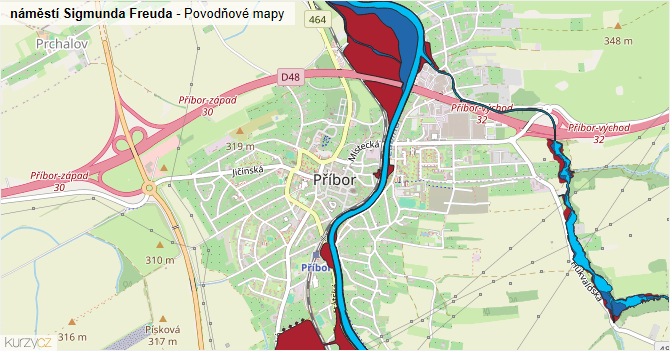 náměstí Sigmunda Freuda - záplavové mapy stoleté vody