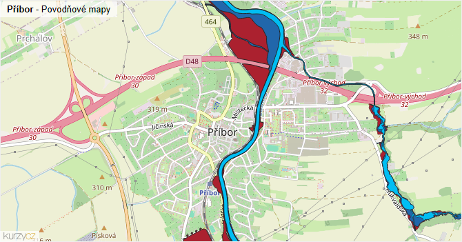 Příbor - záplavové mapy stoleté vody