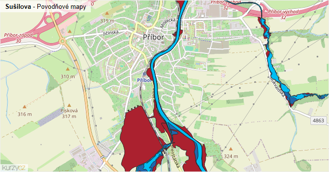 Sušilova - záplavové mapy stoleté vody