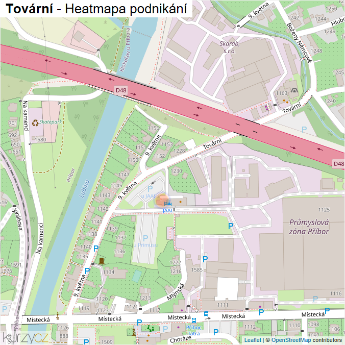 Mapa Tovární - Firmy v ulici.