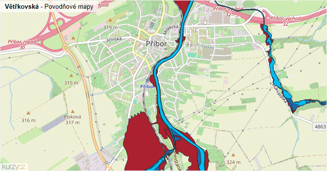 Větřkovská - záplavové mapy stoleté vody