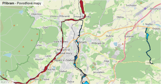 Příbram - záplavové mapy stoleté vody
