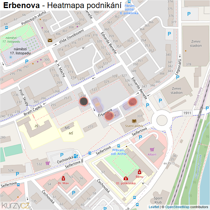 Mapa Erbenova - Firmy v ulici.