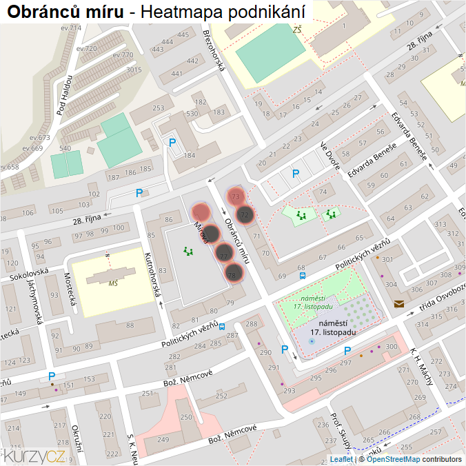 Mapa Obránců míru - Firmy v ulici.