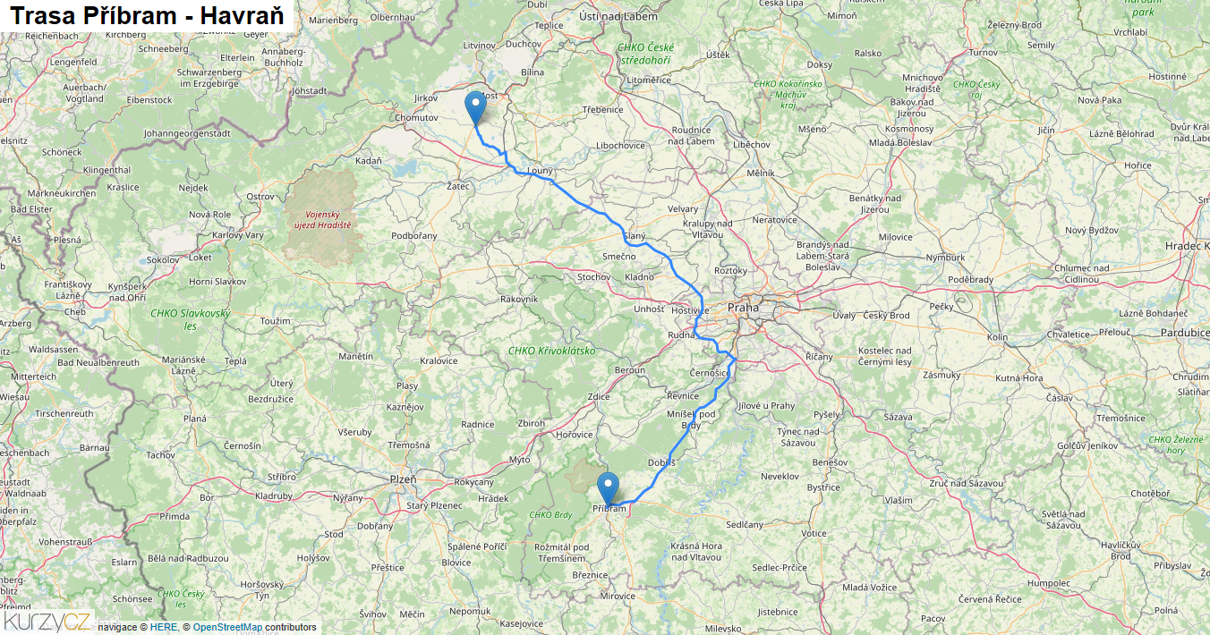 Příbram-Havraň, mapa trasy